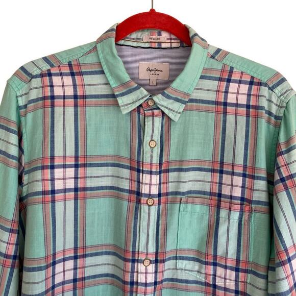 Pepe Jeans Mens Ruskin Twill Plaid Casual Button Down Shirt Slim Fit Mint Green - Picture 13 of 16